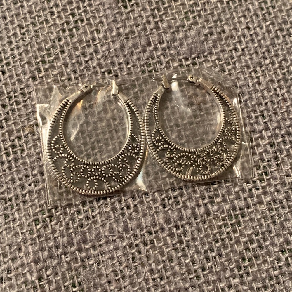 Silver Dotted Scrollwork Hoop Earrings